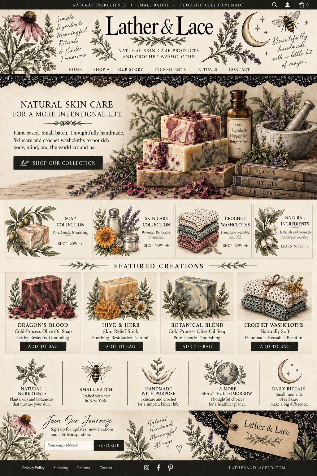 Lather & Lace vintage botanical apothecary website homepage